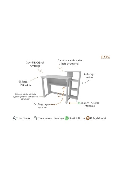 Enda Home Saye 5 Raflı Kitaplıklı Çalışma Masası Beyaz