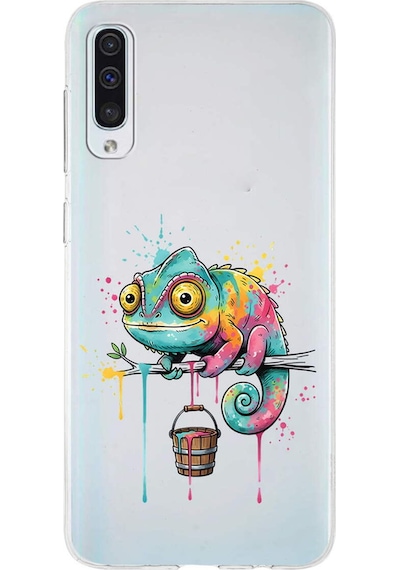 Samsung Galaxy A50 İle Uyumlu Splash Bukalemun Tasarımlı Şeffaf Silikon Kılıf Şeffaf