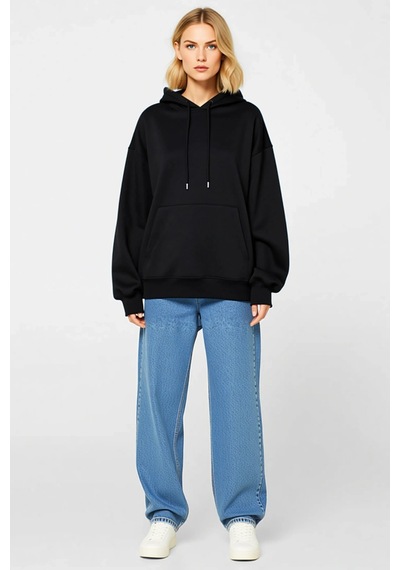 Ersefa Kadın Uzun Kollu Kapşonlu Basic Sweatshirt Hoodie Düşük Omuzlu Ka siyah