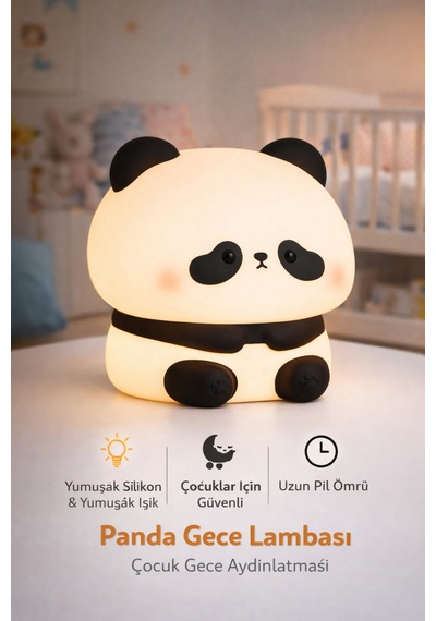 Panda Gece Lambası Yumuşak Silikon, Çocuklar İçin Güvenli, Led Gece Işığı Beyaz