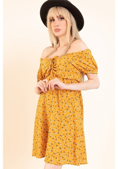 Aqe Fashion Kadın Hardal Önü Büzgülü Beli Lastikli Elbise Hardal