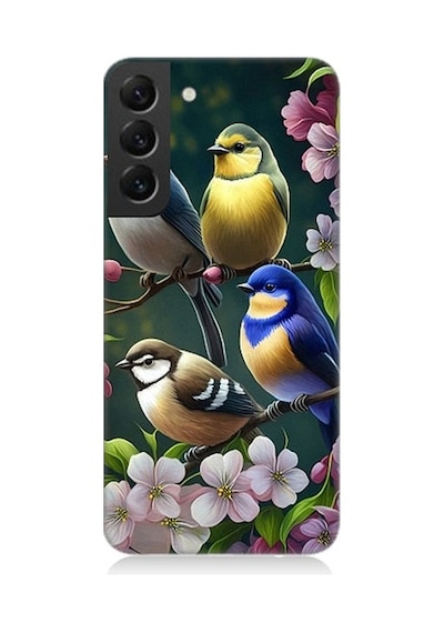 Samsung Galaxy S22 Plus Uyumlu Mavi Sarı Ve Siyah Başlı Kuşlar Desenli Silikon Kılıf