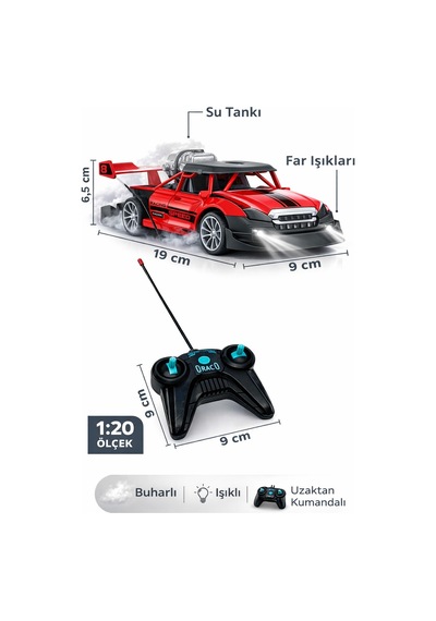 Kırmızı Uzaktan Kumandalı Şarjlı Duman Çıkartan Işıklı Araba Buhar Çıkaran Drift Atan Araba Kırmızı Kırmızı