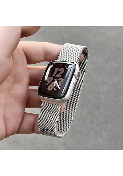 Novstrap Apple Uyumlu  Watch Seri 7/8 45mm Starlight Yıldız Işığı Hasır Örgü Metal Kordon Kayış