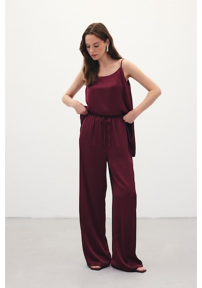 Sateen Bağcıklı Salaş Pantolon - Bordo-136385 Bordo