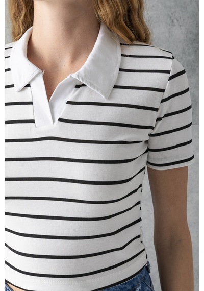 Giysa Kadın Polo Yaka Çizgili Pamuklu T-shirt Beyaz Siyah - 25795 Beyaz - Siyah