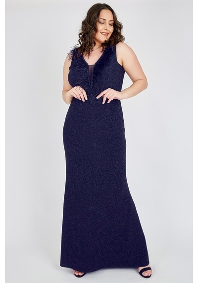 Ladies First Büyük Beden 3472 Lacivert Uzun Abiye Elbise