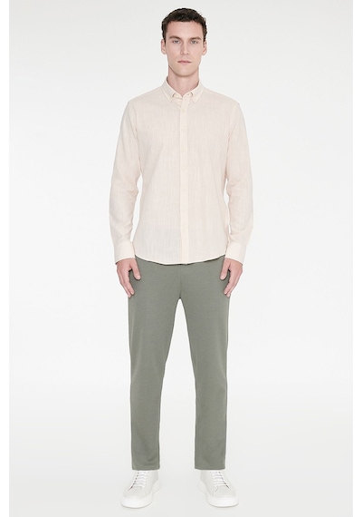 AC&Co / Altınyıldız Classics Erkek Bej Tailored Slim Fit Dar Kesim Düğmeli Yaka Keten Görünümlü %100 Pamuk Flamlı Gömlek Bej