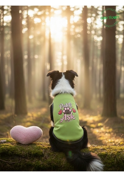Yeşil Renkli Patili Aşk Baskılı Kedi Ve Köpek Kıyafeti Tişörtü Elbisesi Small/s/beden 1