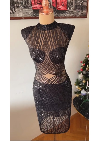 Chica Rosa Fashion Siyah Pullu Vatkalı Chica Elbise Siyah
