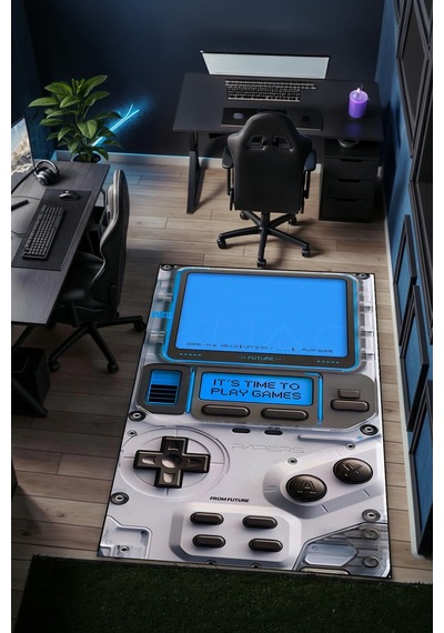 Mavi Retro Oyun Konsolu Tasarım Yıkanabilir Kaymaz Taban Halı Gnc12