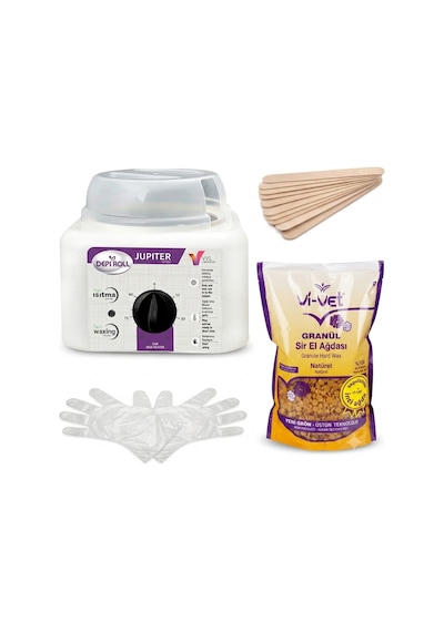 Depi Roll Jupiter Ağda Makinesi + Vi-Vet Granül Naturel Ağda 1 KG + Spatula 5'li + Eldiven
