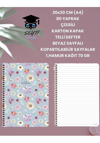20x30 Cm A4 80 Yaprak Çizgili Karton Kapak Telli Defter Beyaz Sayfalı Kopartılabilir Sayfalar Mavi