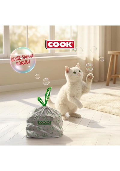 Kedi Tuvaleti Büzgülü Çöp Torbası, 55 X 30 Cm, 20 Yaprak, Sabun Kokulu, Beyaz