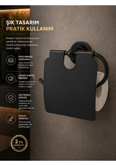 Siyah Lüx Premium Yapışkanlı Kapaklı Tuvalet Kağıtlığı Mat Siyah Kolay Montaj