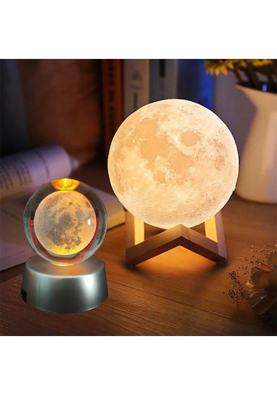 3d Ay Mom Sarı Renk Gece Lambası Ve Dolunay Ay Gezegen Işıklı Cam Küre