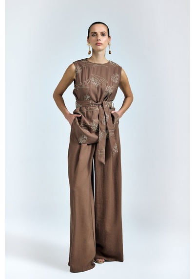 Sateen Dina Pantolon - Kahve-137348