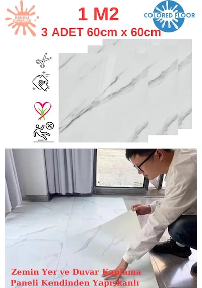 1m2 3 Adet 60x60cm Floor Yapışkanlı Zemin Ve Duvar Kaplama Paneli Arkası Kauçuklu Pvc Wc Paneli 605