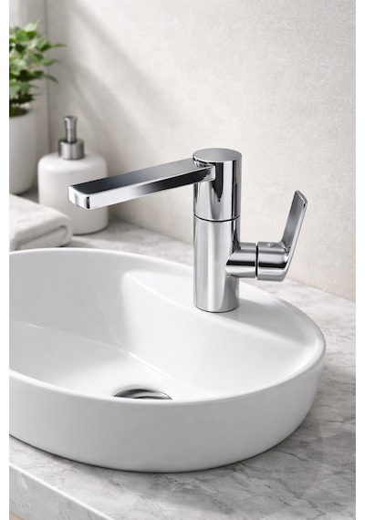 Modern Tek Kollu Krom Lavabo Bataryası Banyo Musluğu Aç-kapa Döner Boru Sıcak Soğuk Parlak Krom