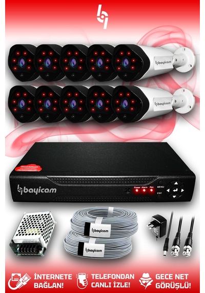 Bayicam 10 Kameralı Uzay 10 Dış Kamera Set HDD'siz Full HD Gece Görüşlü Güvenlik Kamerası Sistemi