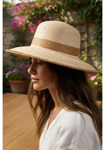 Mollycrush Kadın Camel Bantlı Dikiş Detaylı Hasır Fötr Şapka Yazlık Geniş Kenarlı Trend Plaj Modası Bej