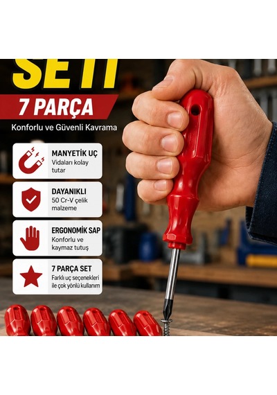 7 Parça 50 Cr-v Manyetik Uçlu Tornavida Seti Ergonomik Saplı