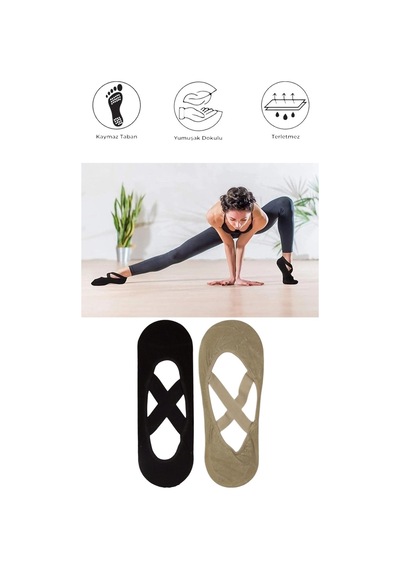 2 Adet Kadın Kaydırmaz Tabanlı Yoga Pilates Fitness Dans Ve Spor Çorabı Siyah - Bej