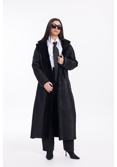 M M Marki Marki Kadın Siyah Hakiki Deri Oversize Palto İçi Kürklü Kuşaklı Premium 120 Cm - 121922