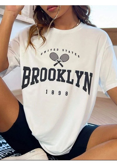 Beyaz Oversize Brooklyn Rocet Baskılı Tshırt Beyaz