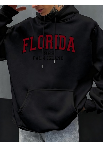 Startmore Startmoreflorida 1989 Palm Island Baskılı Erkekler Kapşonlu Rahat Büyük Boy Kazak Sonbahar Polar Kapüş Siyah
