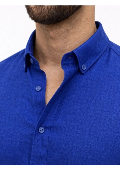 Wear Vexel Erkek Keten Kumaş Uzun Kollu Regular Fit Gömlek - Saks Mavisi Çok Renkli