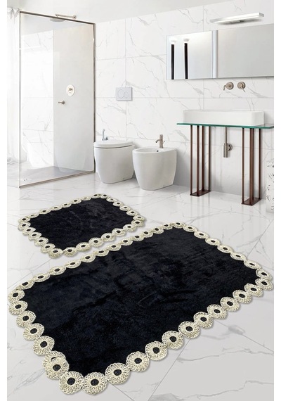 Gülruba Köşeli Beyaz Çeyizlik Dantelli 2'li Banyo Paspası Seti Kaymaz Tabanlı Klozet Takımı Beyaz
