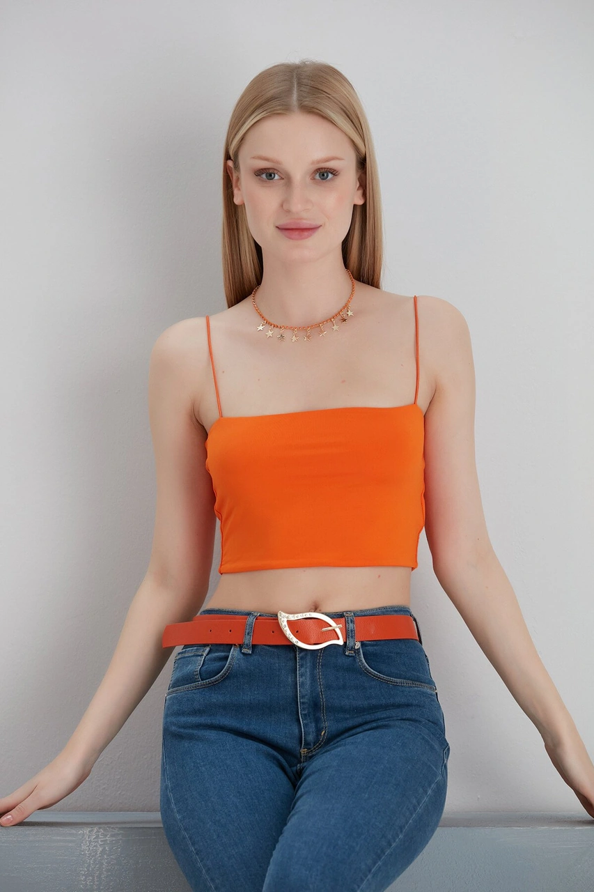 Mamayaga Kadın Askılı Şık Croptop Bluz Turuncu