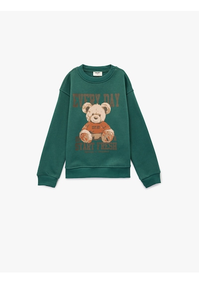 Koton Üç İplik Ayıcık Baskılı Uzun Kollu Bisiklet Yaka Sweatshirt Yeşil 6wkg10380ak