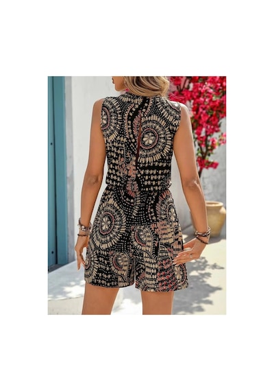 Butik İstanbul Kadın Kolsuz Bisiklet Yaka Kısa Desenli Süprem Tulum