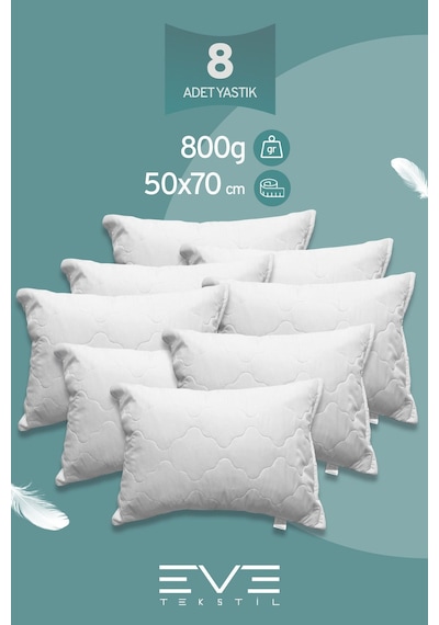 Eve Tekstil 8 Adet Diamant Plus Kılıflı Fermuarlı Yıkanabilir Antialerjik Silikon Elyaf Yastık 50x70cm 800 Gr Beyaz