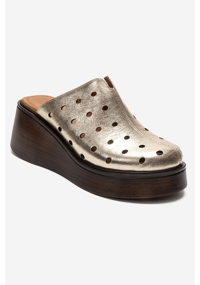 Luvishoes Nıves Altın Hakiki Deri Delikli Kadın Dolgu Topuklu Terlik