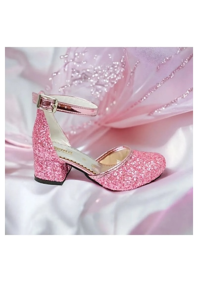 Nese Shoes Kız Çocuk Işıltılı Topuklu Ayakkabı, Kız Çocuk Abiye Ayakkabı Pembe
