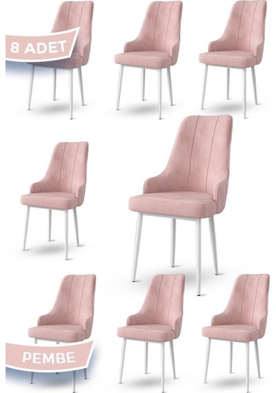 Canisa Trex Serisi 1.sınıf Babyface Kumaş Beyaz Metal Ayak 8 Adet Pembe Sandalye Sandalye Pembe Ayakları Beyaz