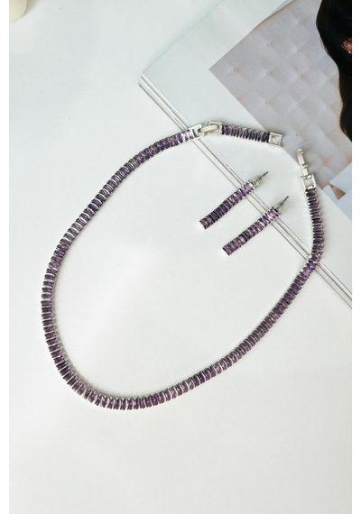 Allmisse Mor Zirkon Taşlı Silver 5 Mm Su Yolu Bijuteri Takı Seti - Parlak Silver