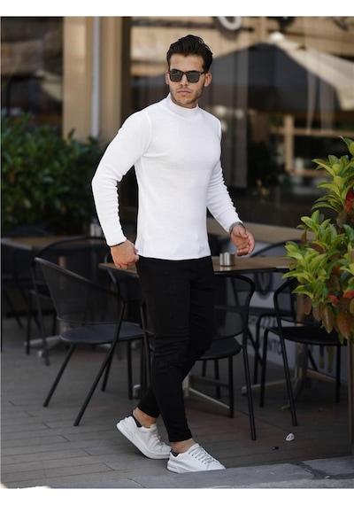 Beyaz Erkek Slim Fit Yarım Balıkçı Fitilli Triko Kazak-trz19158r03s Beyaz