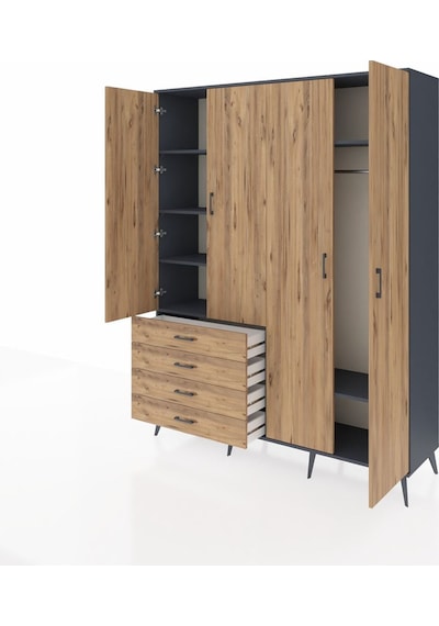Hyperion Gardrop 6 Raflı 4 Çekmeceli Tek Askılı 176x44x221 Antrasit-çam Çam