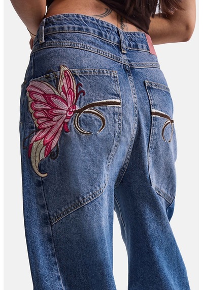 Kadın Koyu Mavi 2w6-1 Mega Barrel Fit Nakış Özel Tasarım Denim Jean