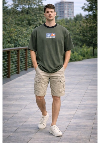 Alexander Gardi Bisiklet Yaka Baskılı Oversize T-shirt Haki