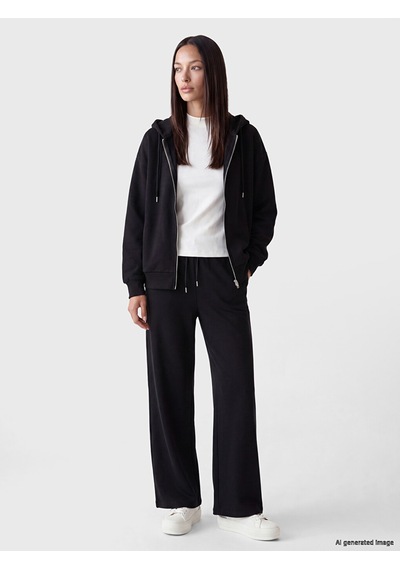 Lcw Everyday Siyah Kapüşonlu Oversize Kadın Fermuarlı Sweatshirt