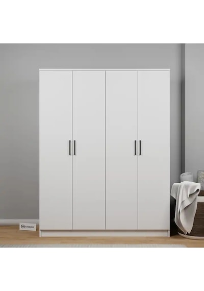 Kardelen Serisi 140 Cm Mat Beyaz 4 Kapılı 5 Raflı Elbise Dolabı Beyaz