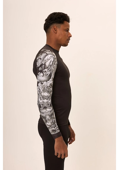 Hnc Sport Dragon Erkek Uzun Kol Tek Kol Dijital Baskılı Compression Fitness Gym Spor Body Tshirt Siyah