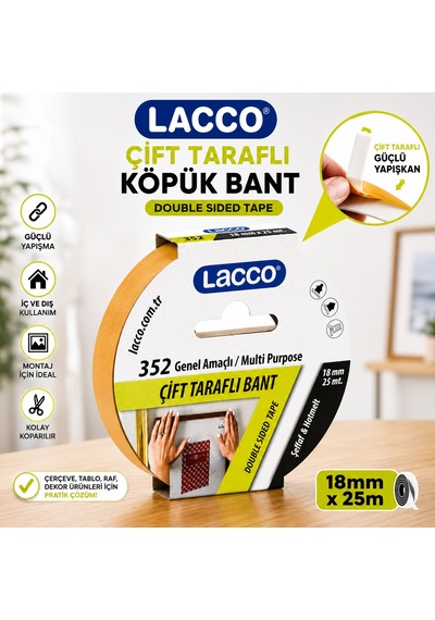Lacco Çift Taraflı Köpük Bant 18 Mm X 25 M Güçlü Yapışkanlı Montaj Bandı Çok Amaçlı Beyaz 1 Adet