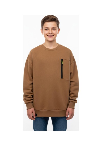 Bisiklet Yaka Cep Fermuar Detaylı Erkek Çocuk Sweatshirt-90854 Kahverengi
