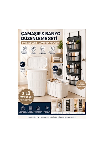 Çamaşır Düzenleme Seti 65 L + 40 L Sepet + 4 Cepli Kapı Arkası Organizer Beyaz - 917023198 Beyaz